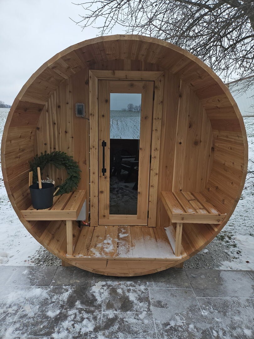 Just installed a Barrel Sauna near the end of the patio!