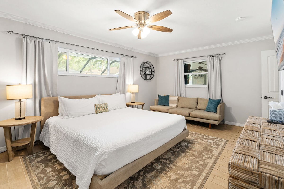 Bedroom 1 - King Bed + sofa transforms into full sleeping area. Linens are provided for both.