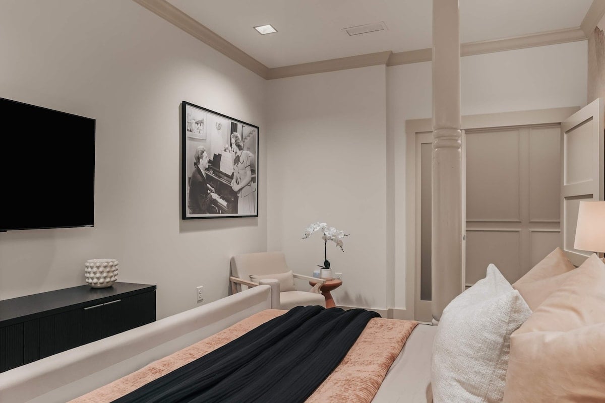 The smart television allows guests to easily stream their favorite apps, ensuring entertainment at their fingertips.