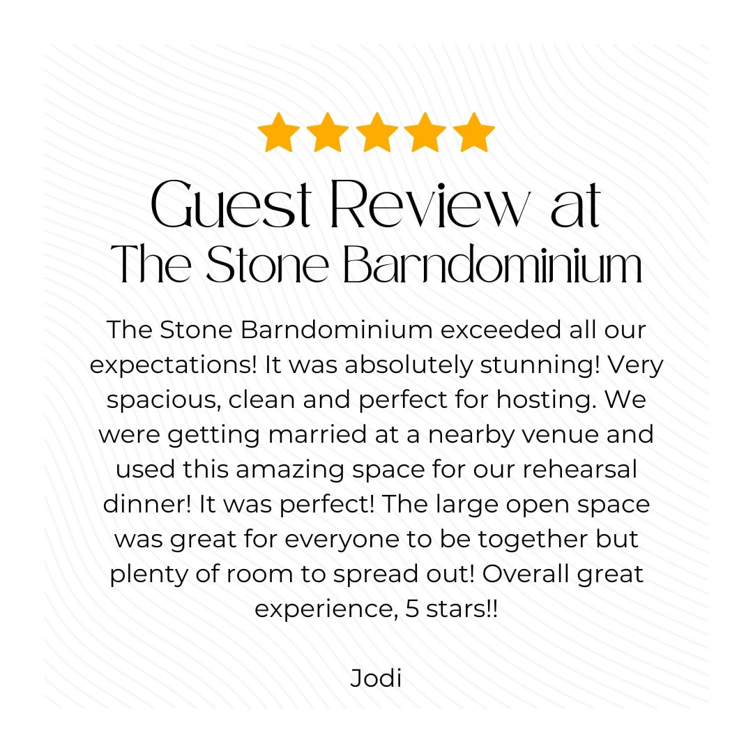 To see what previous guests have loved about their stay at The Stone Barndominium, check out our fantastic online guest reviews!