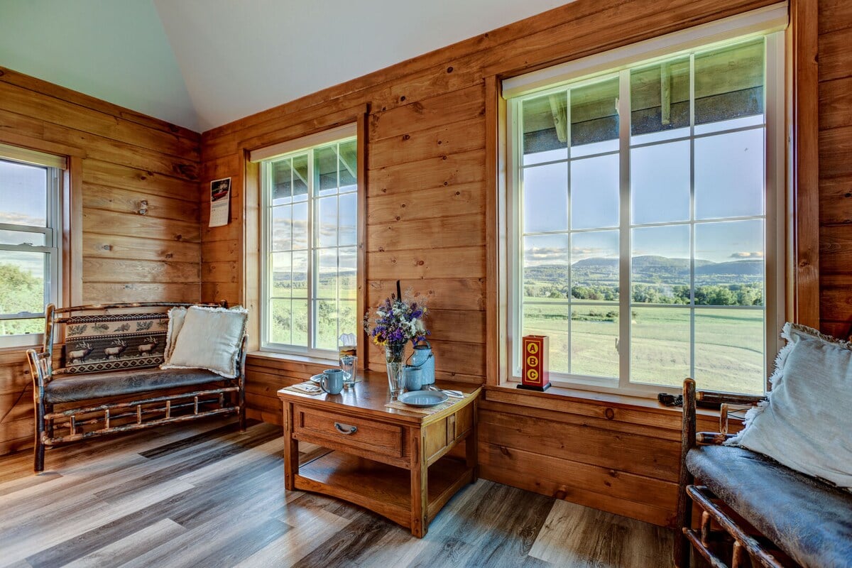 Beautiful views from the windows in the main living area in the Cabin.