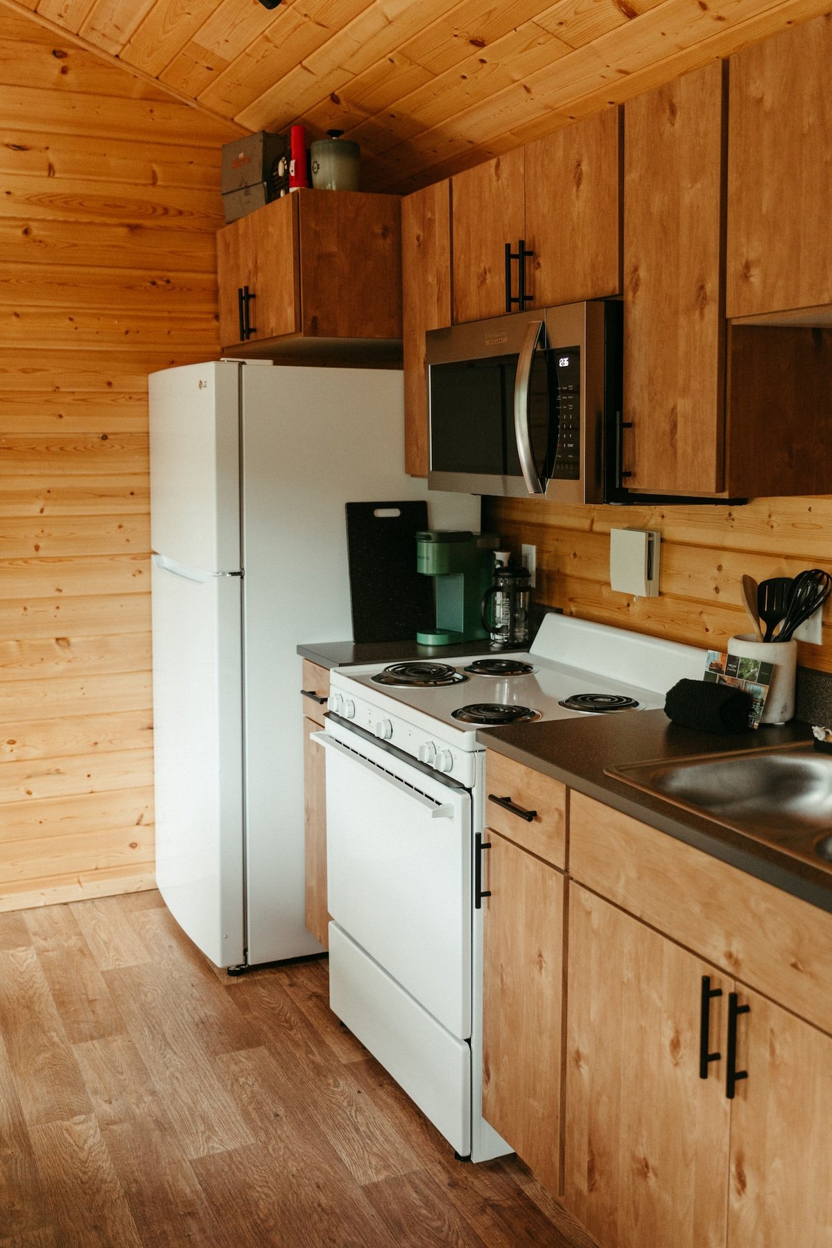 Full size fridge and freezer. We do not provide ice so please pick that up on your way in our purchase in advance from our store link.