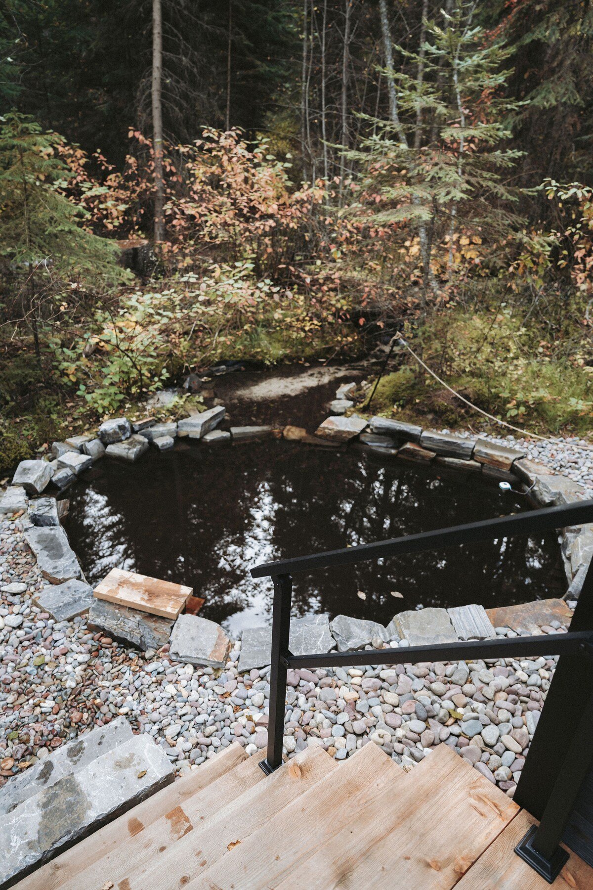 Natural spring fed cold plunge hovers between 33-45 F depending on the season