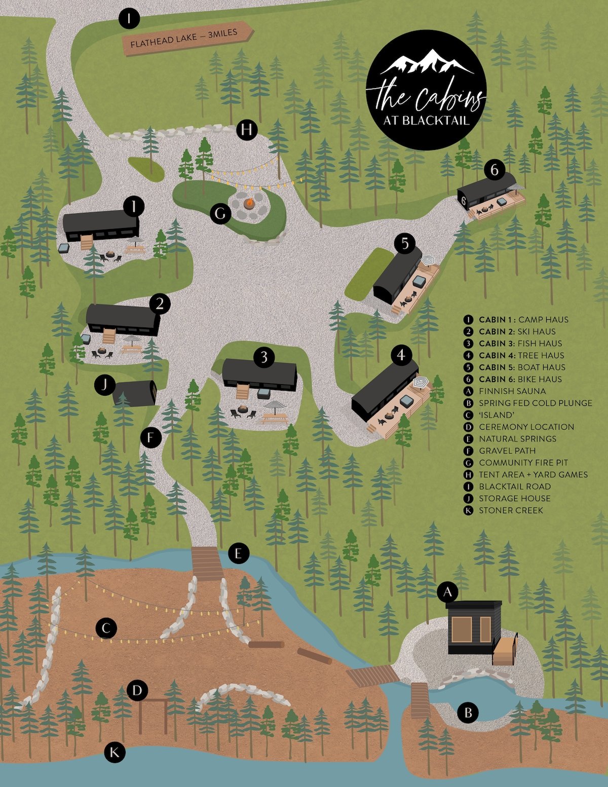 This property map will help you visualize the cabin layout on the property and the path down to the Island and sauna and cold plunge.
