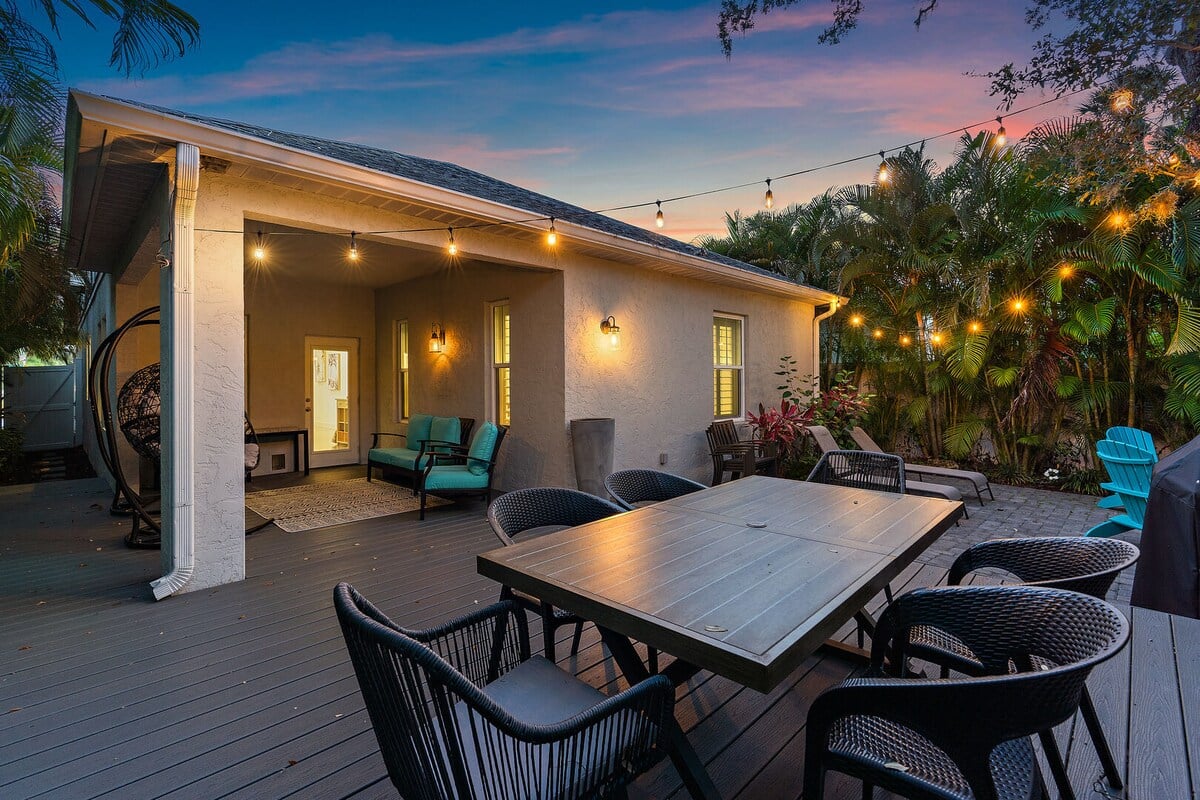The outdoor dining table seats 6 so you're fun outside doesn't have to stop!