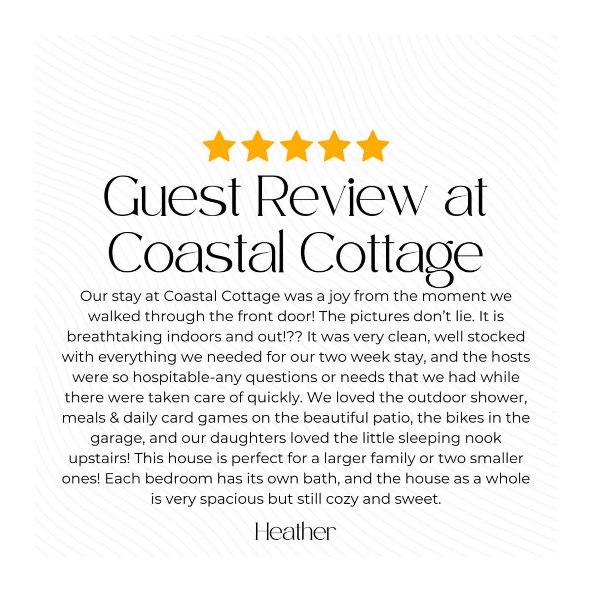 To see what previous guests have loved about their stay at Coastal Cottage, just check out our fantastic online guest reviews!