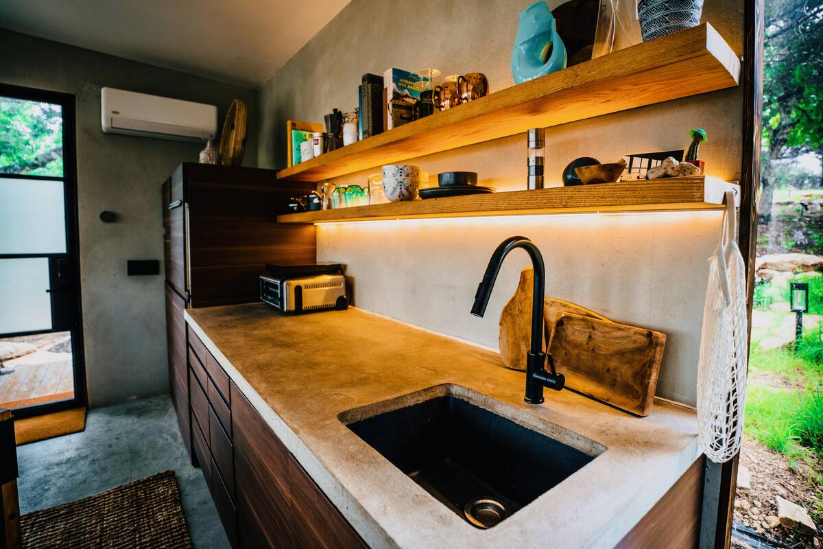 There is ample counter space to prepare meals.