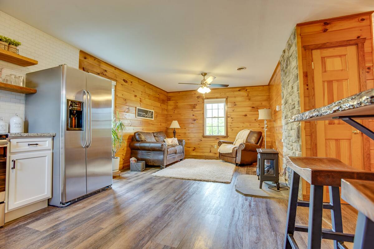 Lounge space with lots of wood and natural light