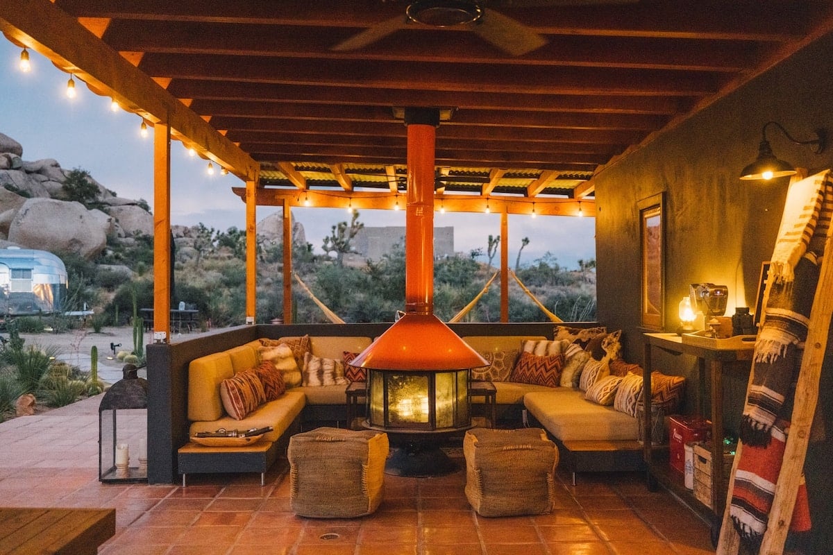 Outdoor couch and fireplace