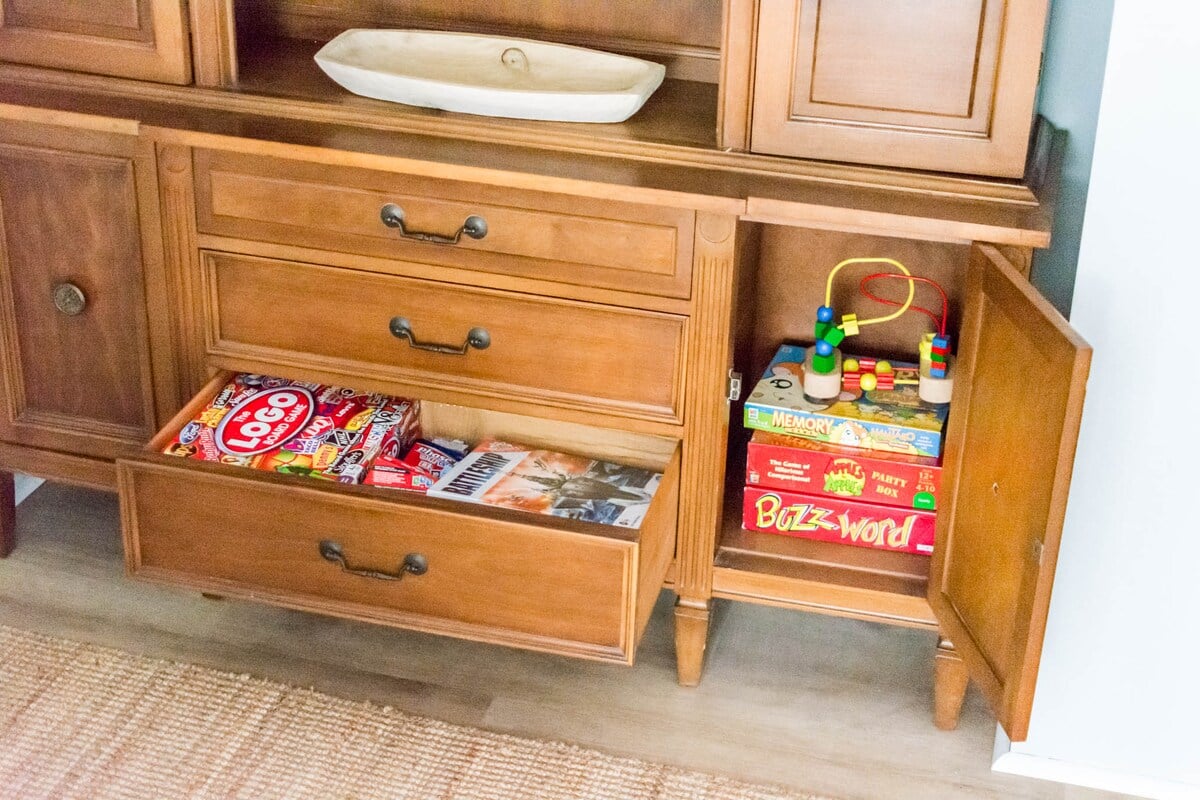 Games are tucked away in the hutch and bookcase!