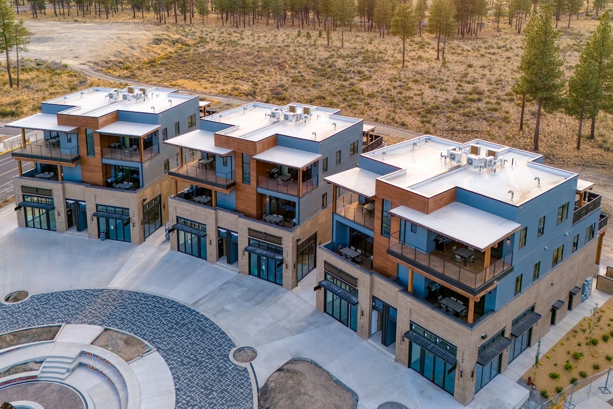 Aerial view of a vibrant, walkable mountain community.