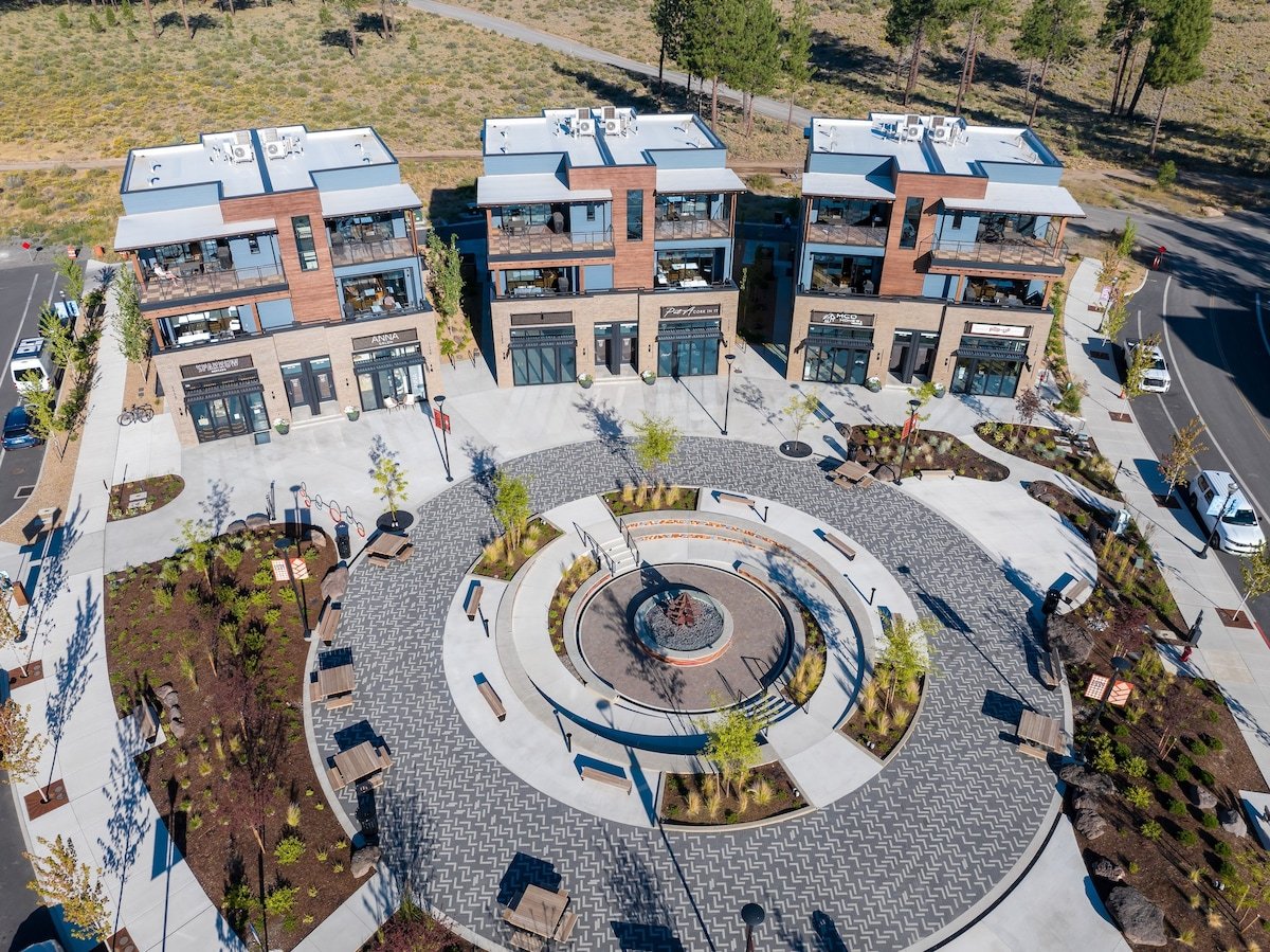 Aerial view of a vibrant, walkable mountain community.