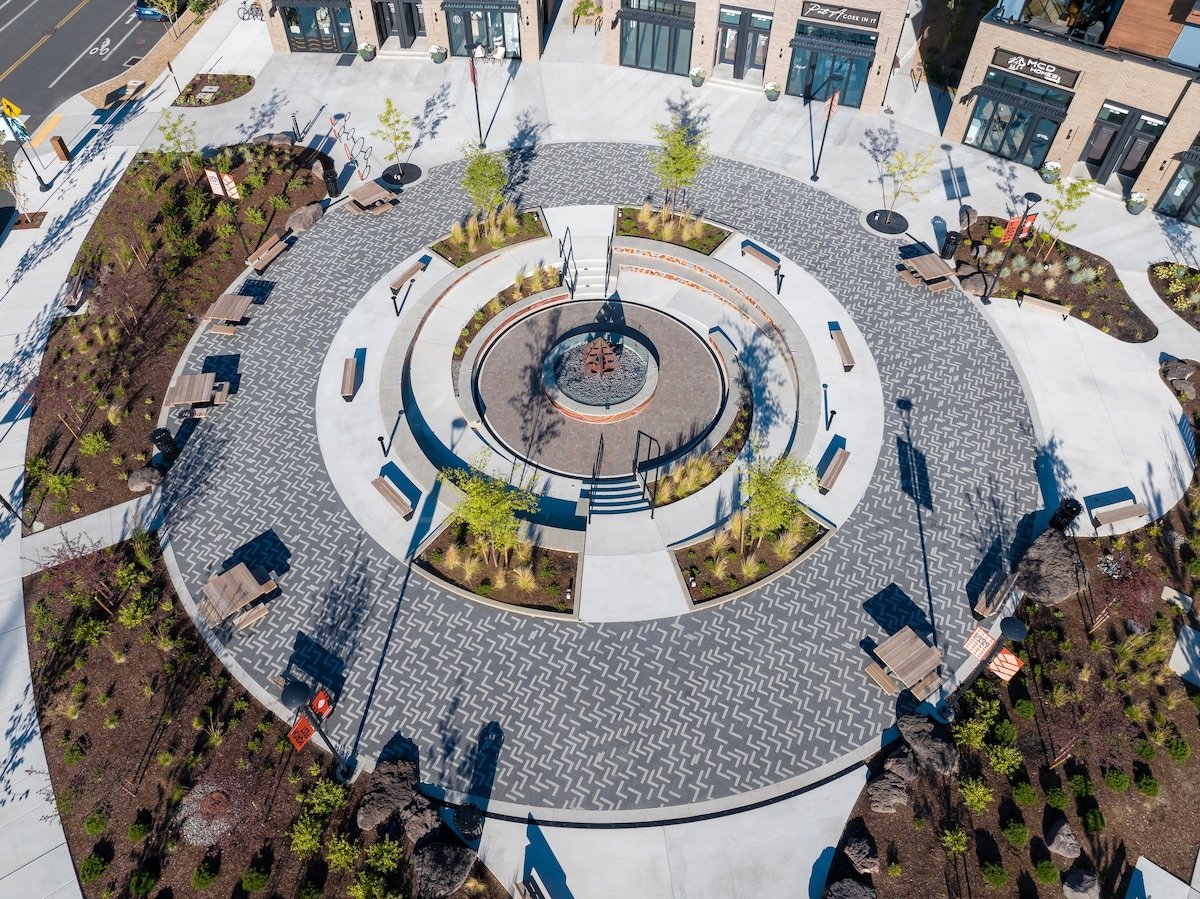 Aerial view of a vibrant, walkable mountain community.