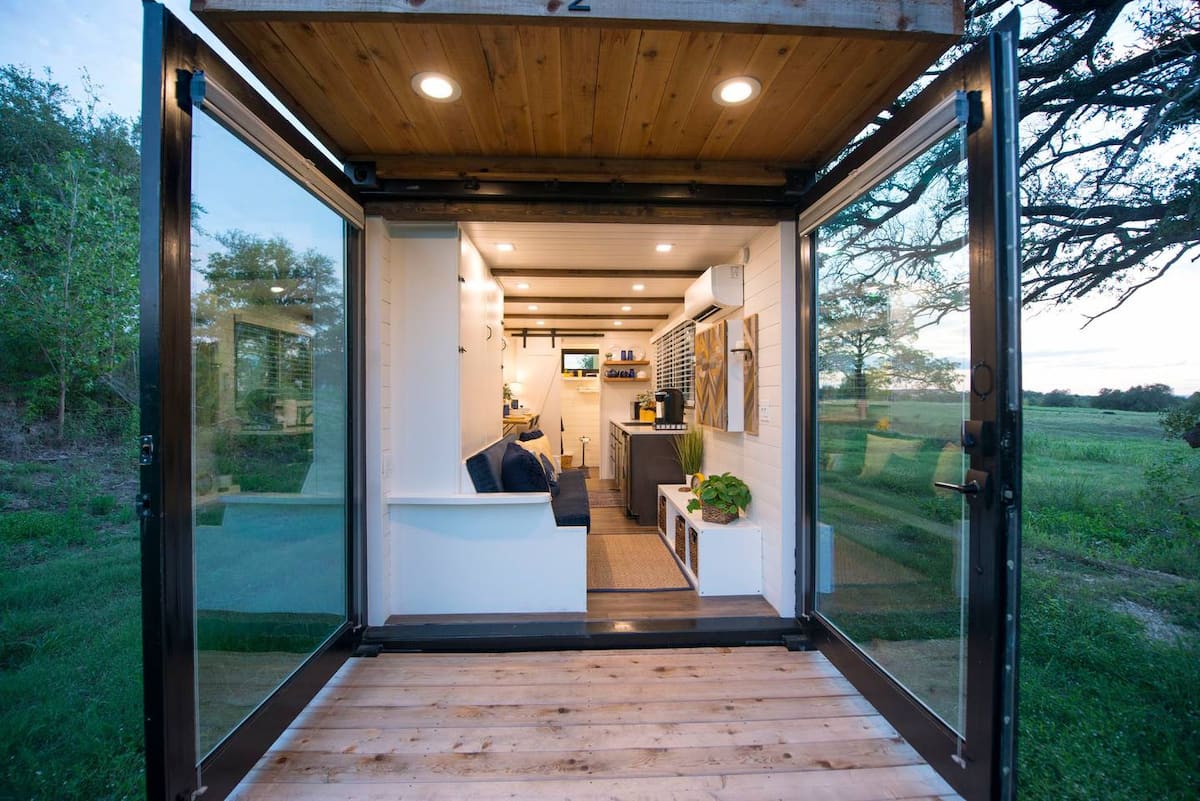 Original container doors swing wide open.