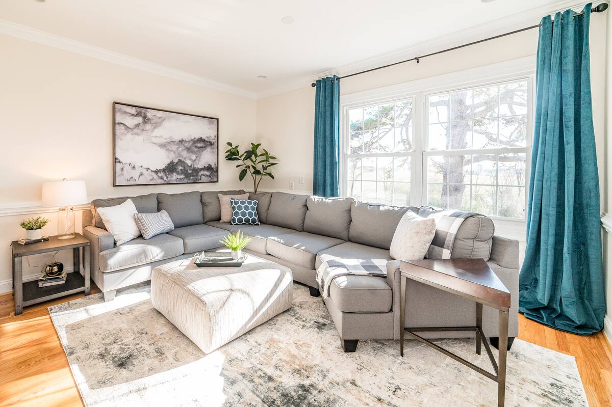 The lounge has a large sectional ideal for gathering.