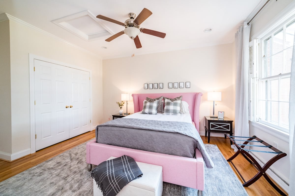 The Pink Lady Room includes a queen bed, large closet and full bathroom.