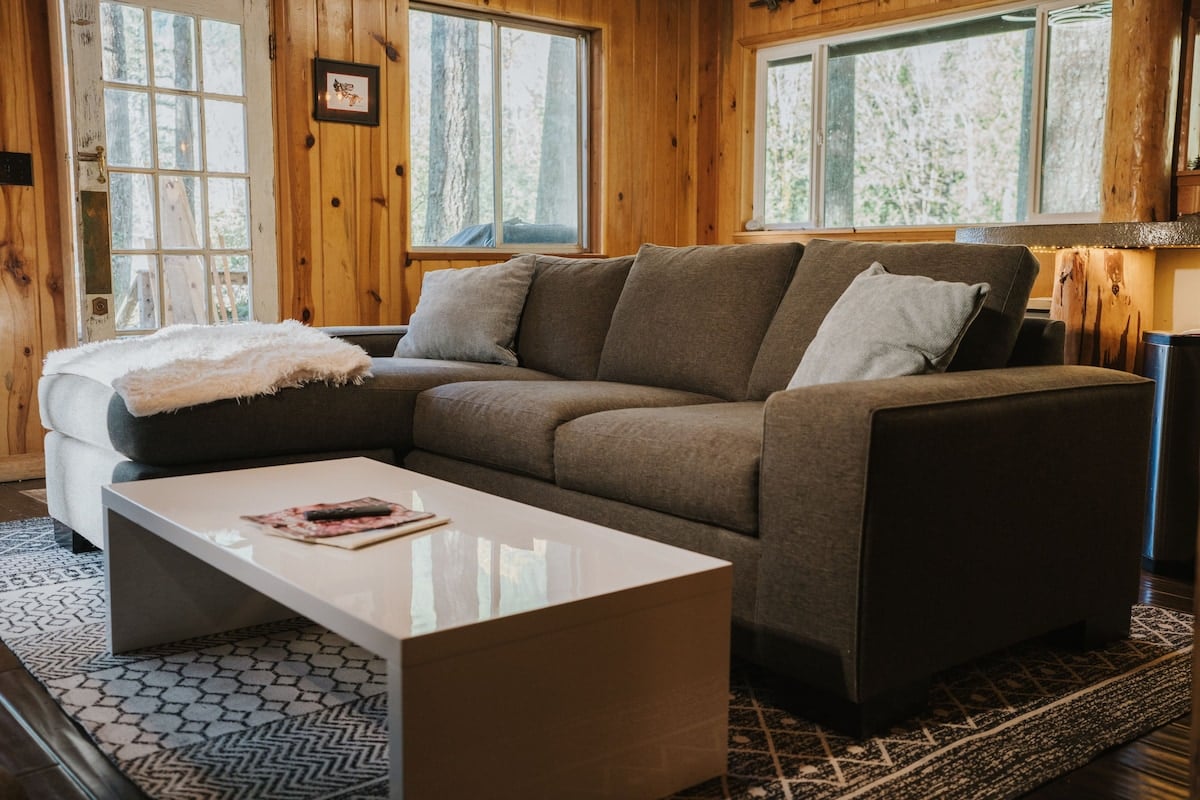 New queen sleeper sofa, rug, and table by Apt2B in living room area.