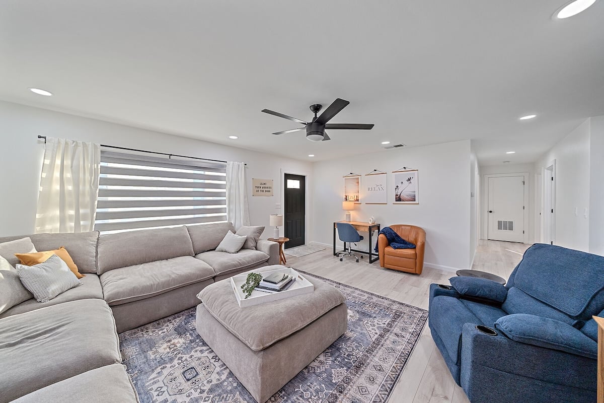 Stylish design encompasses the living room.