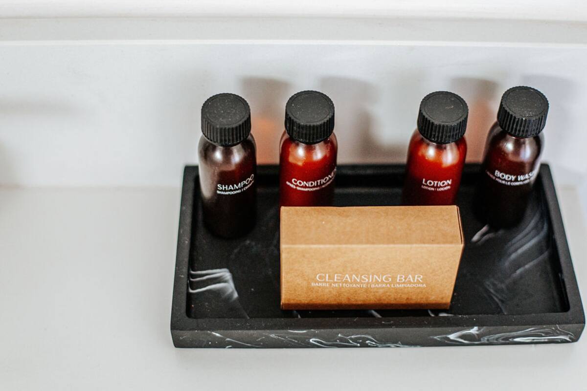 [Loft] Shampoo, conditioner, body wash, lotion, and cleansing bar. 