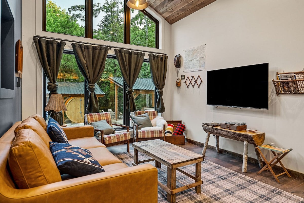The living room features a record player with Bluetooth speaker capability, a 50" smart TV with YouTube TV subscription, and a couch that converts into a queen-size sleeper sofa.