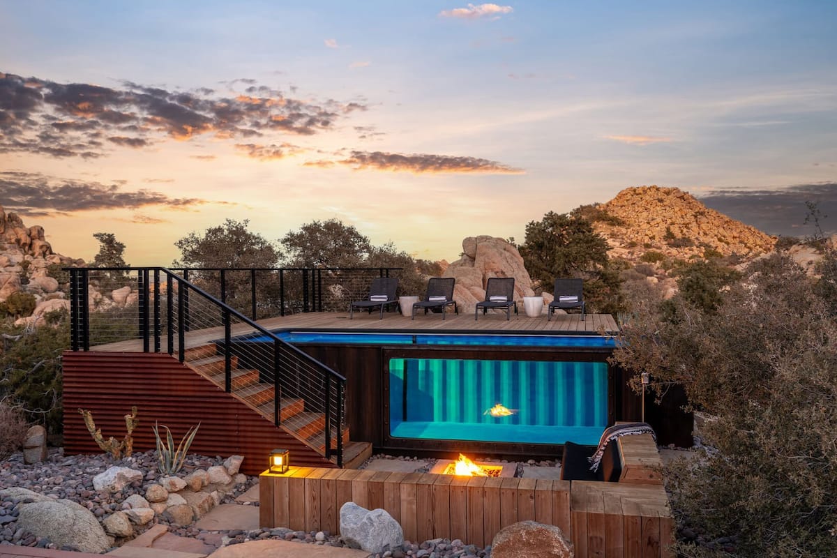 Container pool with a see-through tank.