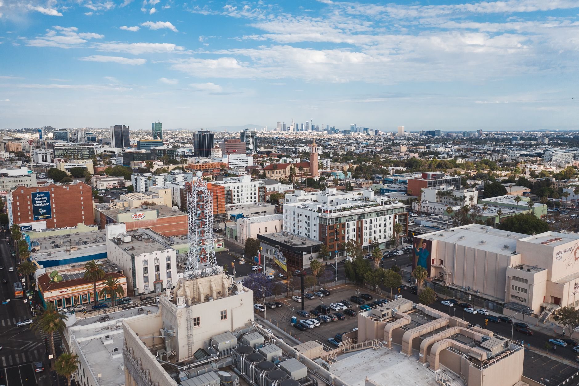 A breathtaking aerial view showcasing the diverse architecture and vibrant cityscape of Los Angeles.