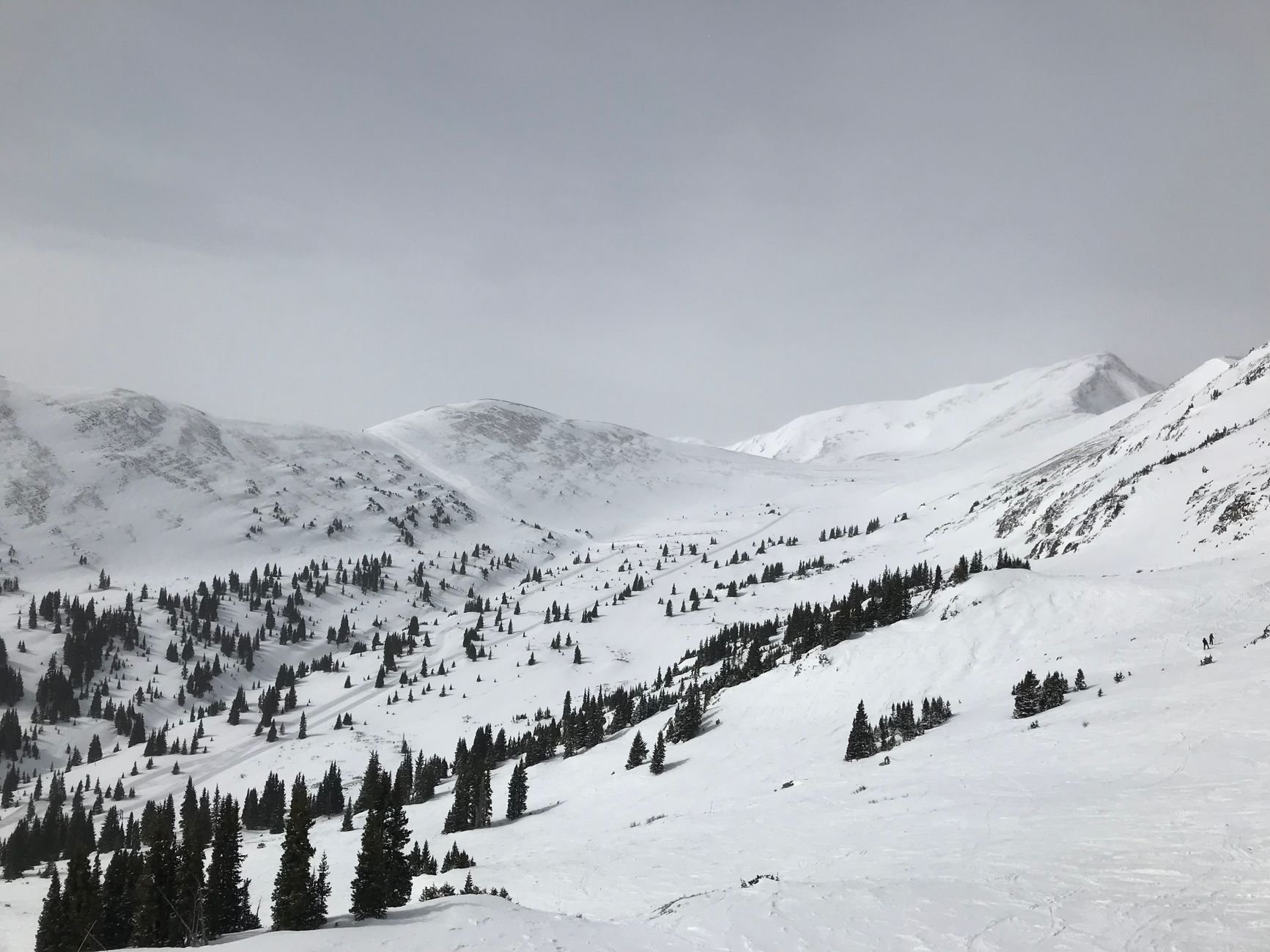 Stunning view of the snow-covered Copper Mountain with scattered alpine trees.
