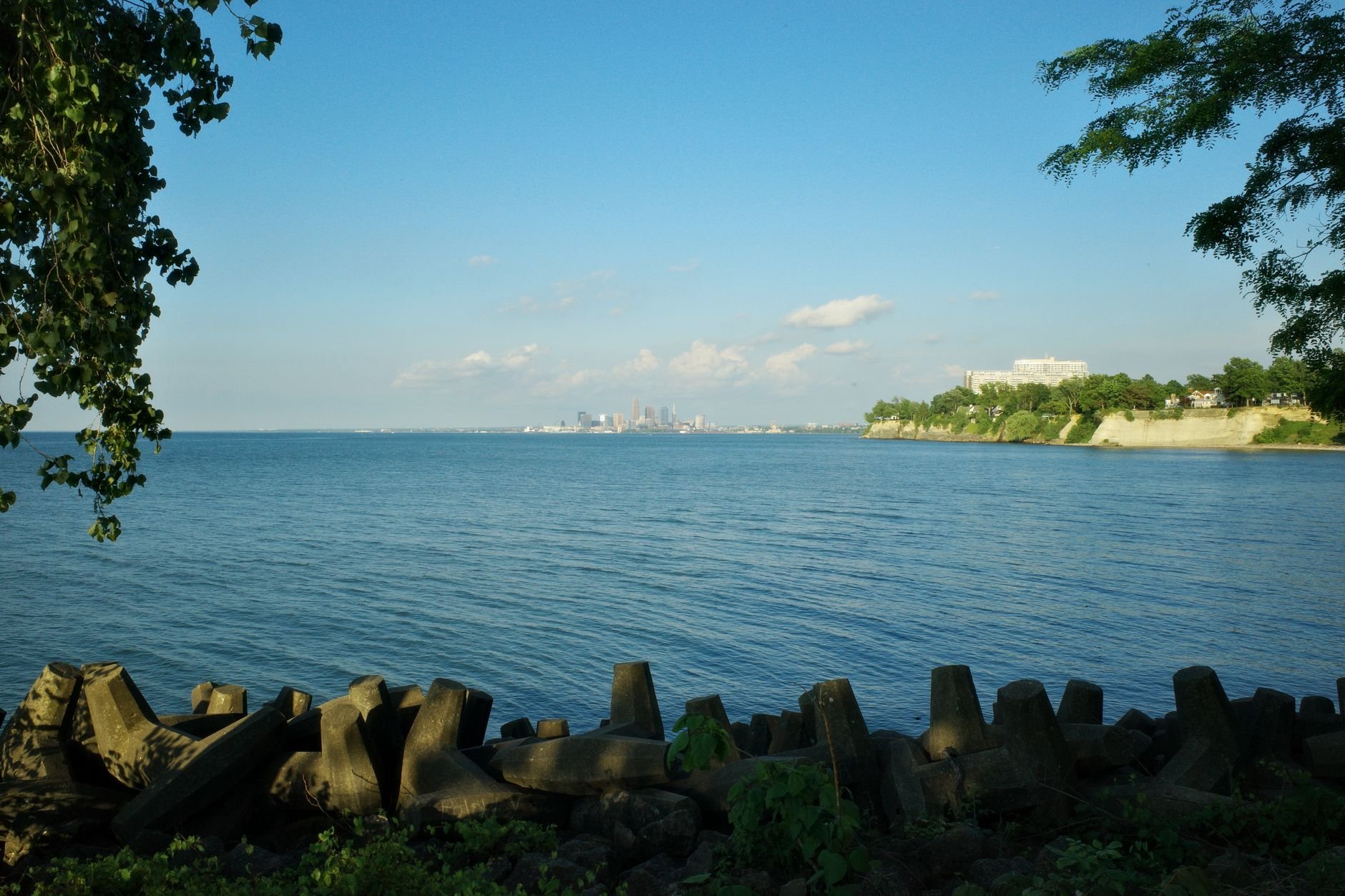 Scenic view of Cleveland skyline across Lake Erie seen from a lakeside park during summer.