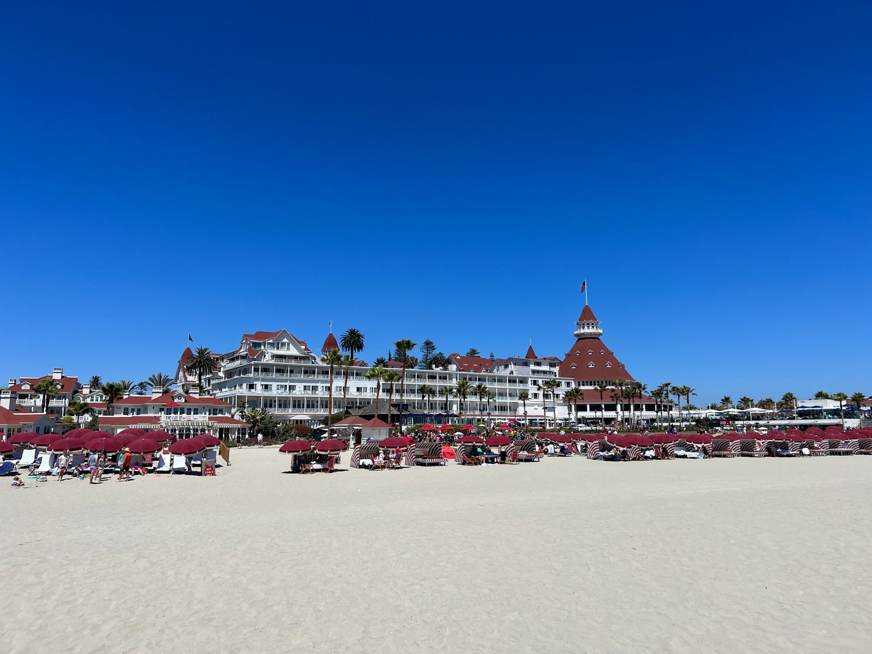 Sunny day at Hotel del Coronado beach with umbrellas and clear blue skies.