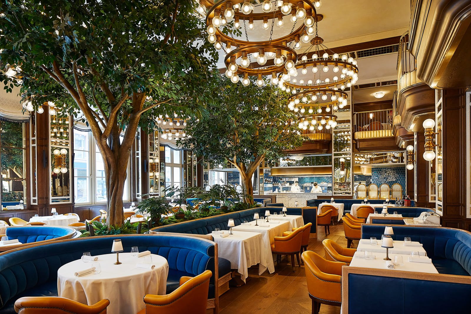 Modern bistro interior with geometric pendant lights and warm ambiance