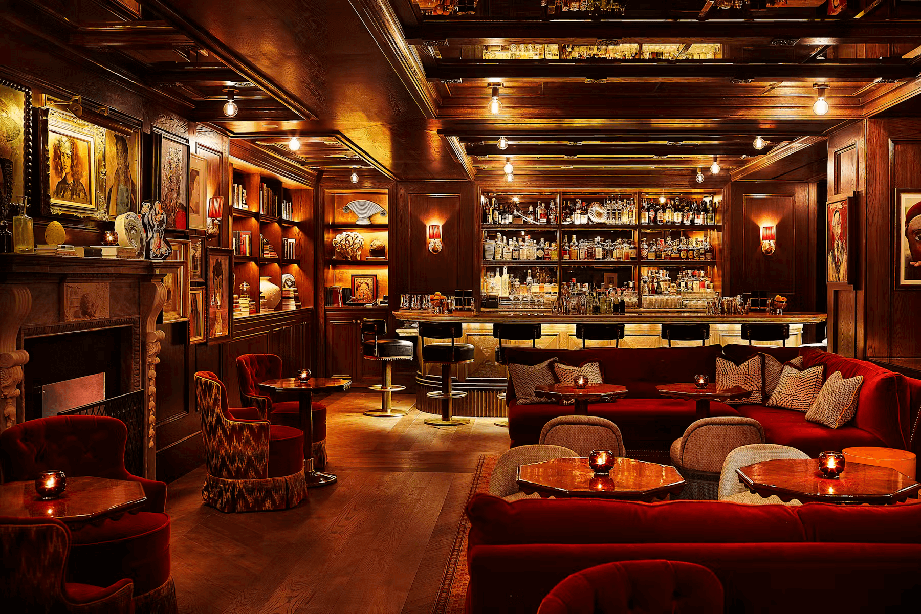 Modern bistro interior with geometric pendant lights and warm ambiance